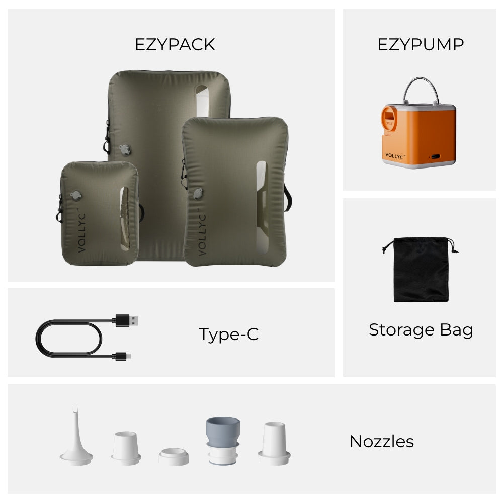 FLEXTAIL X VOLLYC EZY SET BUNDLE - 3 Size Waterproof Travel Vacuum Pack For Luggage Space Saving