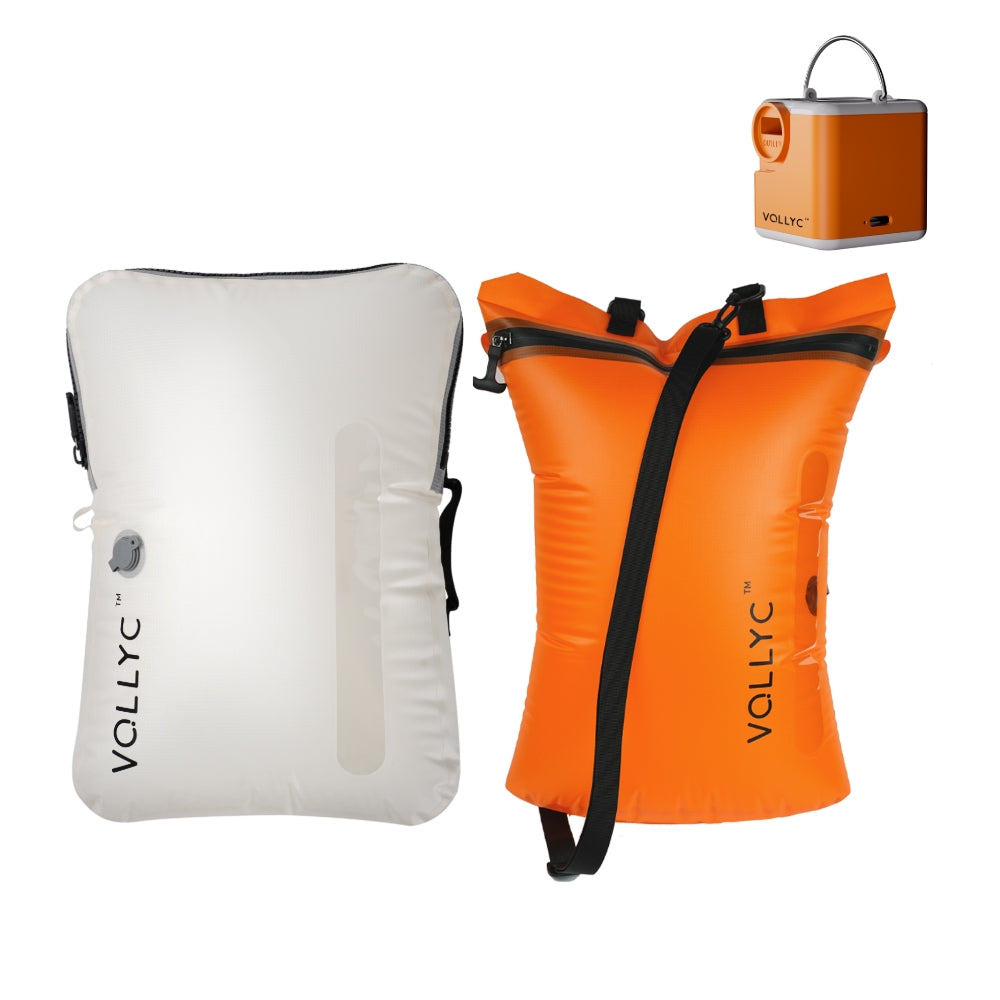 White and orange inflatable bags with VOLLYC branding on a white background