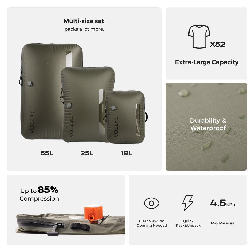 FLEXTAIL X VOLLYC EZY SET BUNDLE - 3 Size Waterproof Travel Vacuum Pack For Luggage Space Saving