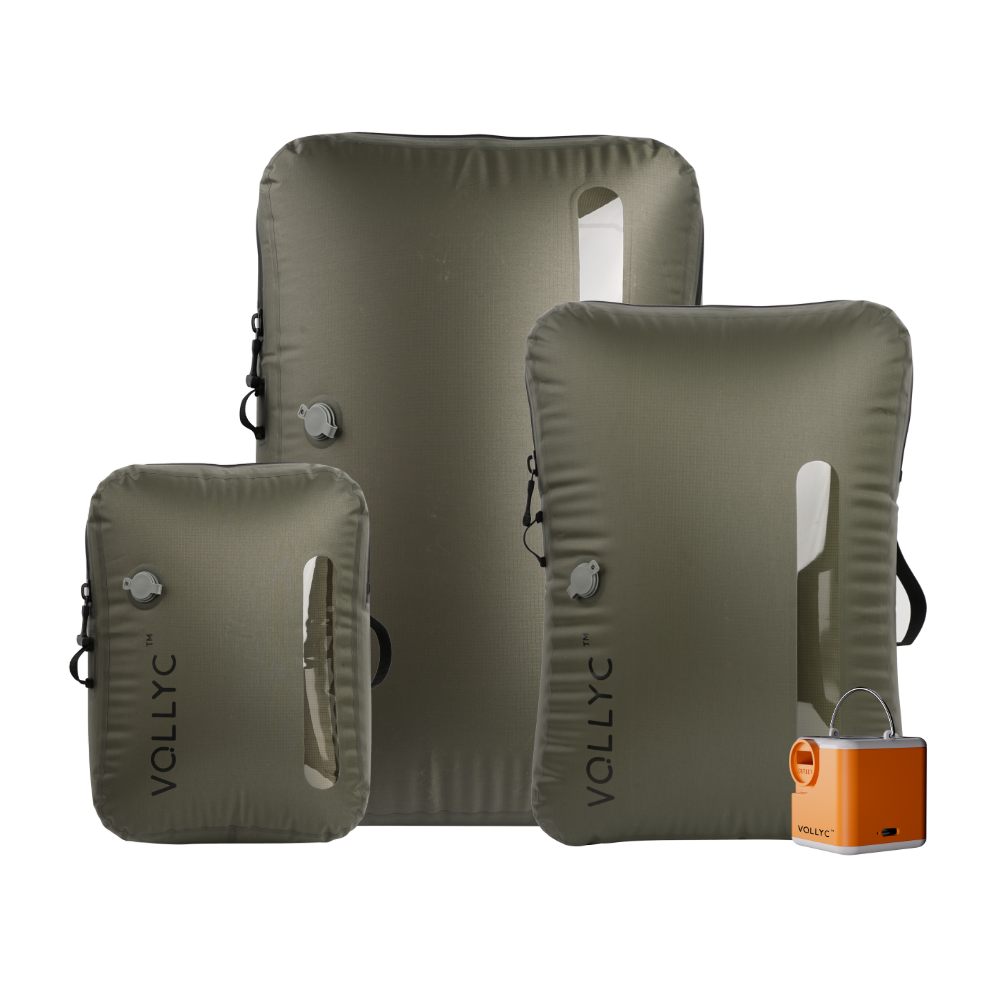 Three inflatable bags of different sizes with VOLLYC branding on a white background.