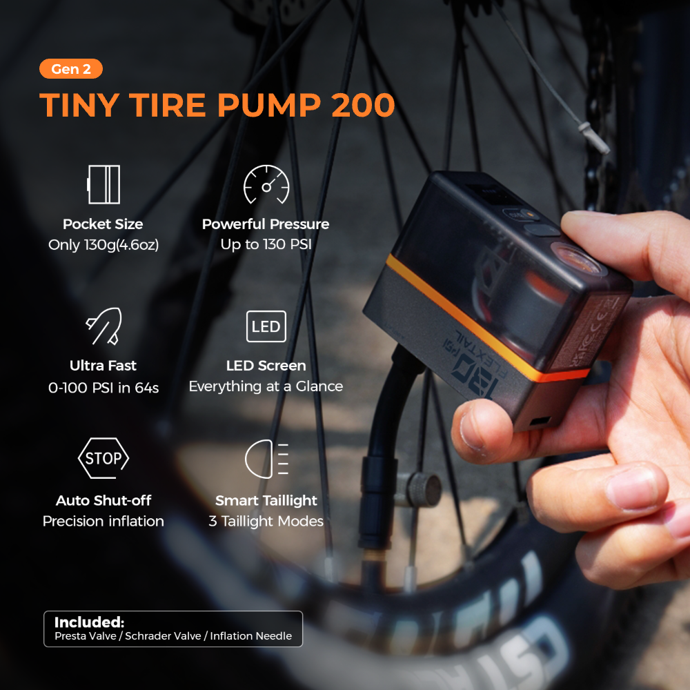 TINY TIRE PUMP 200- 130PSI Mini Electric Gauge Pump with Cool Taillight
