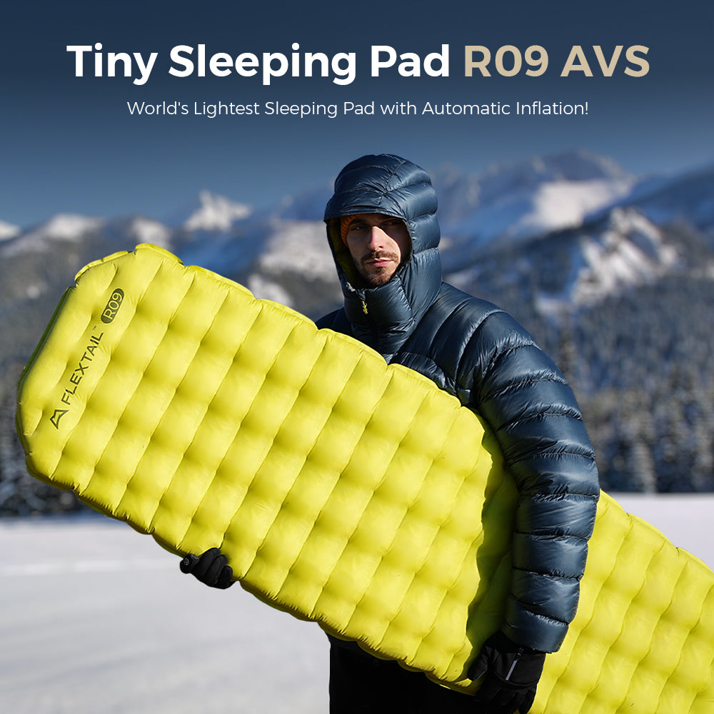 TINY SLEEPING PAD R09 AVS-World's Lightest 9.4 R-value Sleeping Pad with Automatic Inflation
